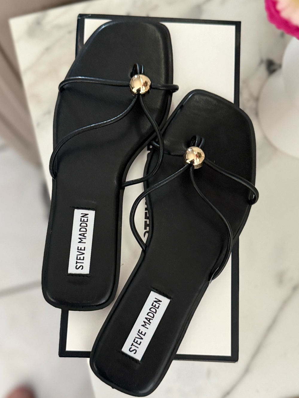 Steve Madden Black Gold Bead Square Toe Strappy Sandals Size 7.5